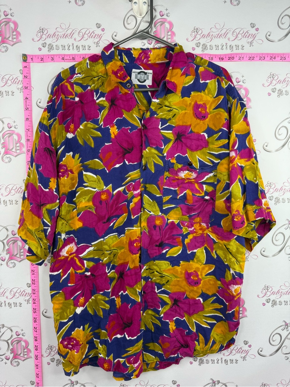 FYI vintage shirt Vibrant Floral Button-Down Shirt - Navy with Fuchsia & Mustard